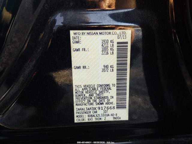 45140631 :رقم المزاد ، 1N4AL3AP2DC917668 vin ، 2013 Nissan Altima 2.5 Sl مزاد بيع
