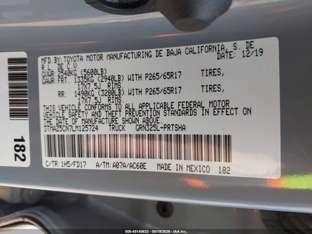 45140632 :رقم المزاد ، 3TMAZ5CN7LM125724 vin ، 2020 Toyota Tacoma Sr5 V6 مزاد بيع