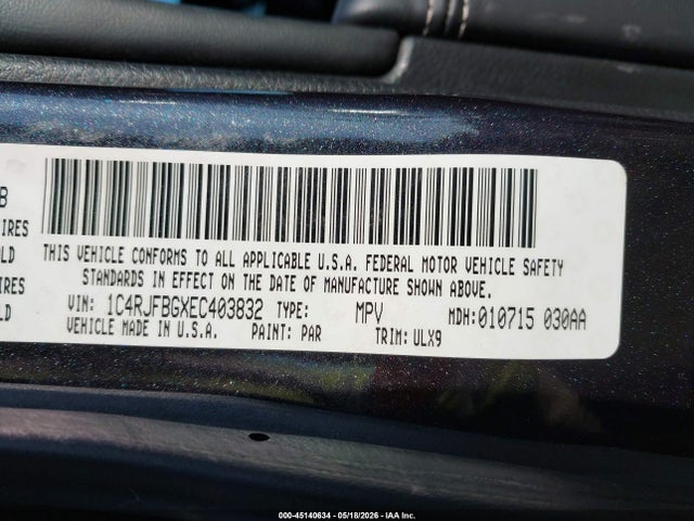 45140634 :رقم المزاد ، 1C4RJFBGXEC403832 vin ، 2014 Jeep Grand Cherokee Limited مزاد بيع