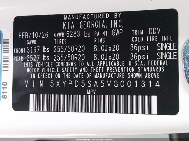 Aukcja sprzedaży 2027 Kia Telluride Hybrid Sx, vin: 5XYPD5SA5VG001314, numer aukcji: 45140643
