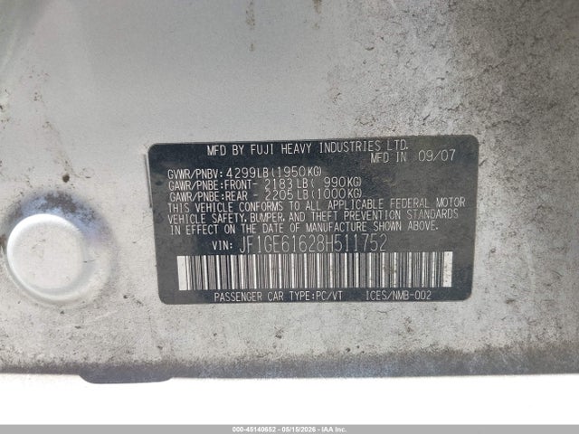 Aukcja sprzedaży 2008 Subaru Impreza  (natl) I W/premium Pkg, vin: JF1GE61628H511752, numer aukcji: 45140652