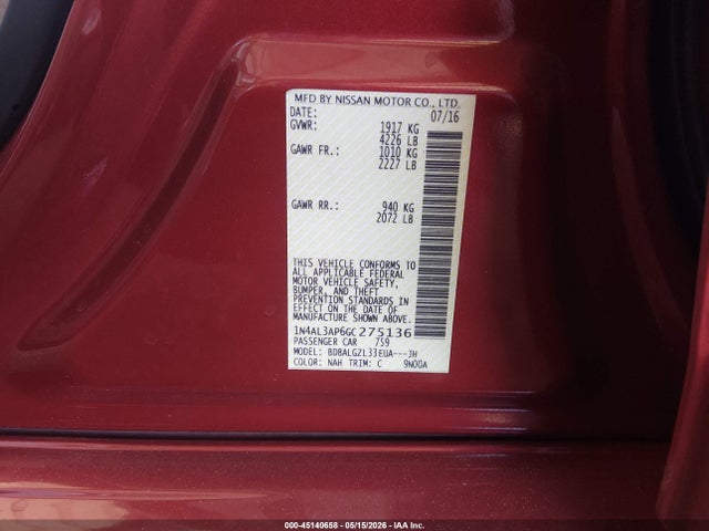 Продажа на аукционе авто 2016 Nissan Altima 2.5 S, vin: 1N4AL3AP6GC275136, номер лота: 45140658