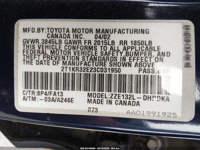 45140660 :رقم المزاد ، 2T1KR32E23C031950 vin ، 2003 Toyota Matrix Standard مزاد بيع