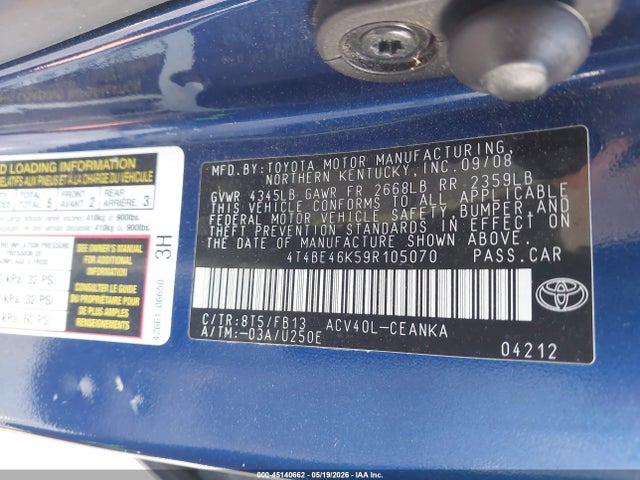 2009 Toyota Camry Le მანქანა იყიდება აუქციონზე, vin: 4T4BE46K59R105070, აუქციონის ნომერი: 45140662