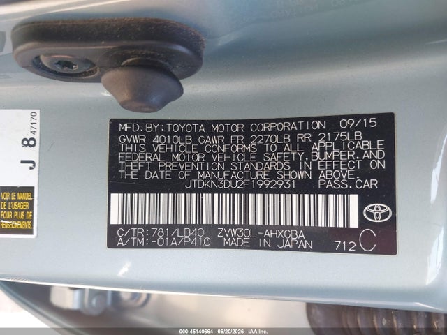 45140664 :رقم المزاد ، JTDKN3DU2F1992931 vin ، 2015 Toyota Prius Four مزاد بيع
