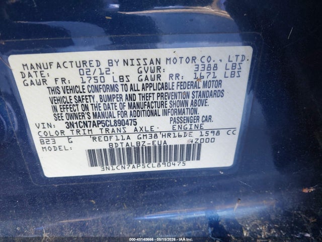 2012 Nissan Versa 1.6 Sv მანქანა იყიდება აუქციონზე, vin: 3N1CN7AP5CL890475, აუქციონის ნომერი: 45140666