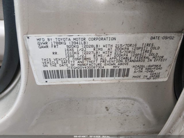 45140677 :رقم المزاد ، JTEGH20V430087304 vin ، 2003 Toyota Rav4 مزاد بيع