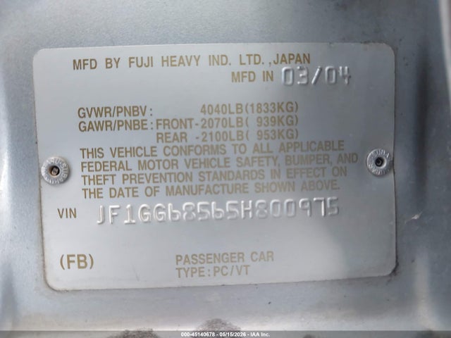 Aukcja sprzedaży 2005 Subaru Impreza Outback Sport Base W/special Edition, vin: JF1GG68565H800975, numer aukcji: 45140678