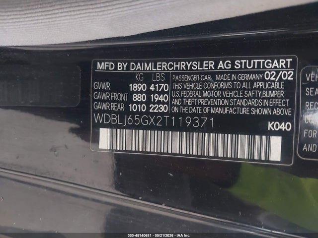 Продаж на аукціоні авто 2002 Mercedes-benz Clk 320, vin: WDBLJ65GX2T119371, номер лоту: 45140681