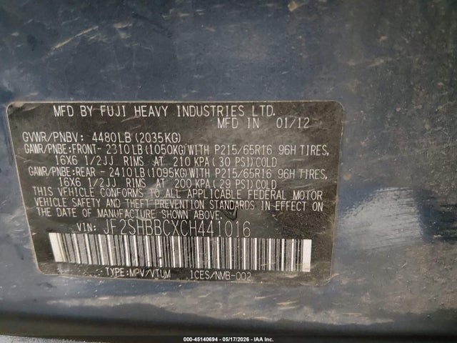 Aukcja sprzedaży 2012 Subaru Forester 2.5x, vin: JF2SHBBCXCH441016, numer aukcji: 45140694