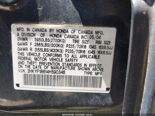 45140706 :رقم المزاد ، 2HKYF18614H590346 vin ، 2004 Honda Pilot Ex-l مزاد بيع