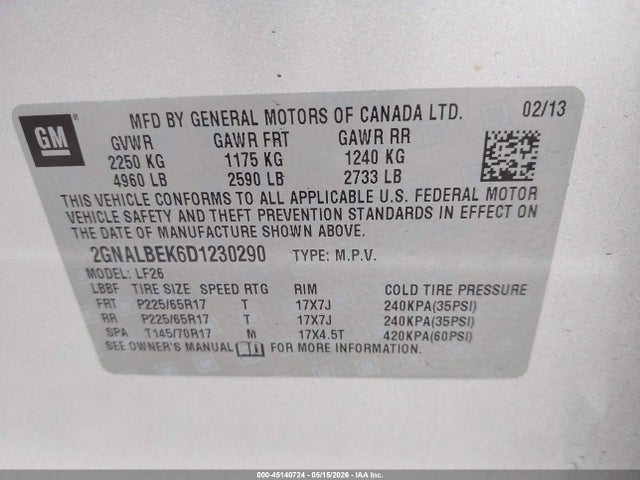 Auction sale of the 2013 Chevrolet Equinox Ls, vin: 2GNALBEK6D1230290, lot number: 45140724