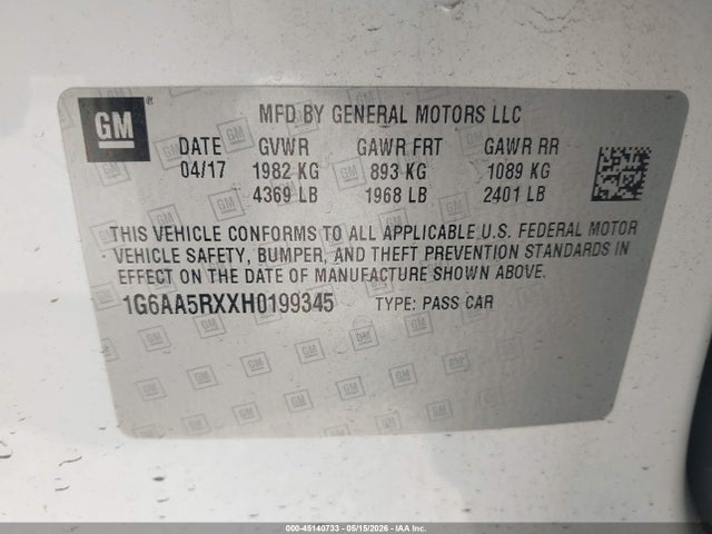 45140733 :رقم المزاد ، 1G6AA5RXXH0199345 vin ، 2017 Cadillac Ats Standard مزاد بيع