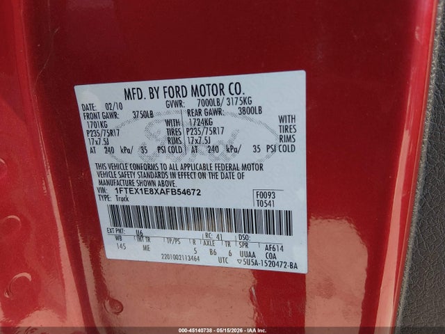 2010 Ford F-150 Stx/xl/xlt მანქანა იყიდება აუქციონზე, vin: 1FTEX1E8XAFB54672, აუქციონის ნომერი: 45140738