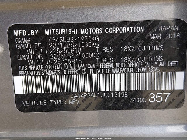 45140748 :رقم المزاد ، JA4AP3AU1JU013198 vin ، 2018 Mitsubishi Outlander Sport 2.0 Le مزاد بيع