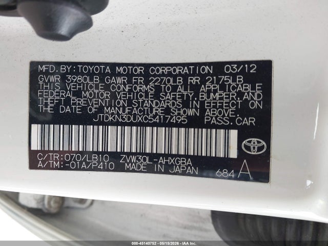 Продаж на аукціоні авто 2012 Toyota Prius Four, vin: JTDKN3DUXC5417495, номер лоту: 45140752