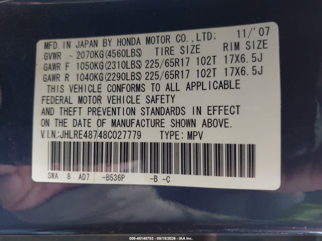 Auction sale of the 2008 Honda Cr-v Ex-l, vin: JHLRE48748C027779, lot number: 45140753