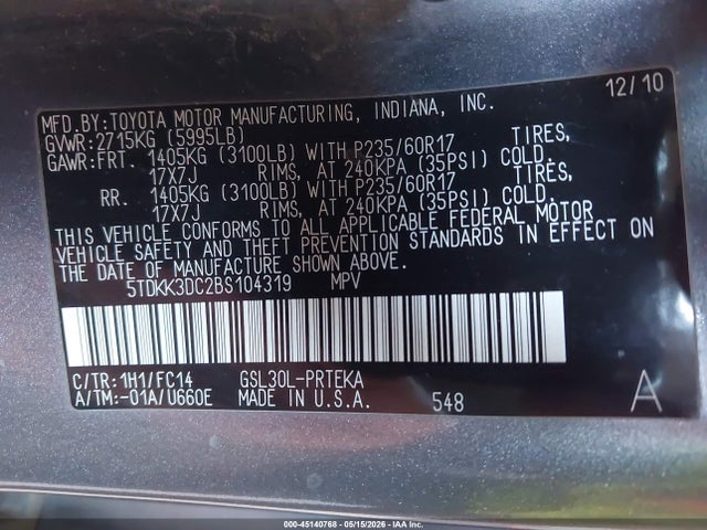 Aukcja sprzedaży 2011 Toyota Sienna Le V6, vin: 5TDKK3DC2BS104319, numer aukcji: 45140768