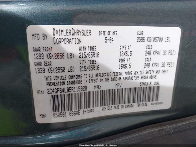 Продаж на аукціоні авто 2005 Chrysler Town & Country Limited, vin: 2C4GP64L85R115928, номер лоту: 45140774