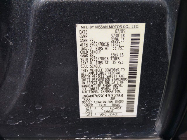 Aukcja sprzedaży 2005 Nissan Frontier Se, vin: 1N6AD07U55C455298, numer aukcji: 45140777