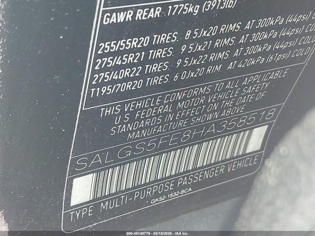 45140779 :رقم المزاد ، SALGS5FE8HA358518 vin ، 2017 Land Rover Range Rover 5.0l V8 Supercharged مزاد بيع