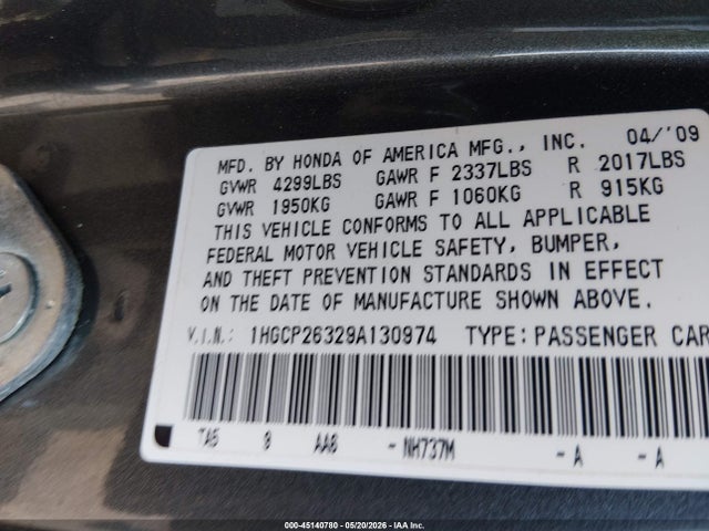 Aukcja sprzedaży 2009 Honda Accord 2.4 Lx, vin: 1HGCP26329A130974, numer aukcji: 45140780