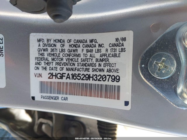 45140788 :رقم المزاد ، 2HGFA16529H320799 vin ، 2009 Honda Civic Lx مزاد بيع