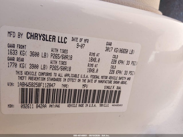 Продаж на аукціоні авто 2008 Chrysler Aspen Limited, vin: 1A8HW58258F112847, номер лоту: 45140801