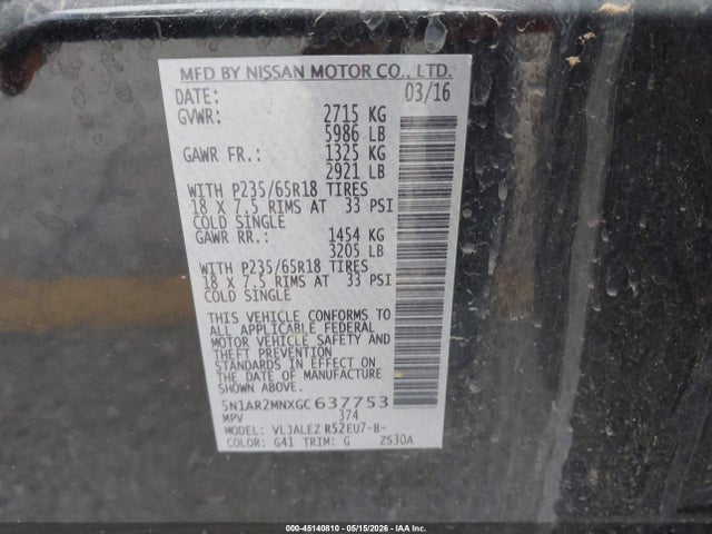 45140810 :رقم المزاد ، 5N1AR2MNXGC637753 vin ، 2016 Nissan Pathfinder Sv مزاد بيع