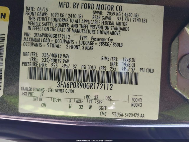 Продажа на аукционе авто 2016 Ford Fusion Titanium, vin: 3FA6P0K90GR172112, номер лота: 45140813