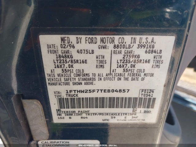Aukcja sprzedaży 1996 Ford F250, vin: 1FTHW25F7TEB04857, numer aukcji: 45140820