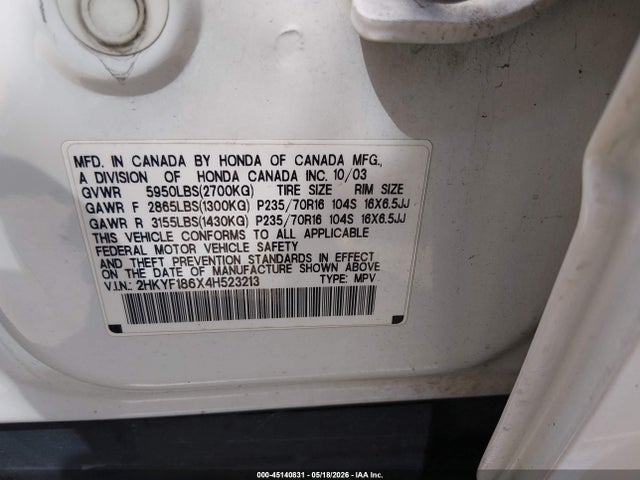Продажа на аукционе авто 2004 Honda Pilot Ex-l, vin: 2HKYF186X4H523213, номер лота: 45140831