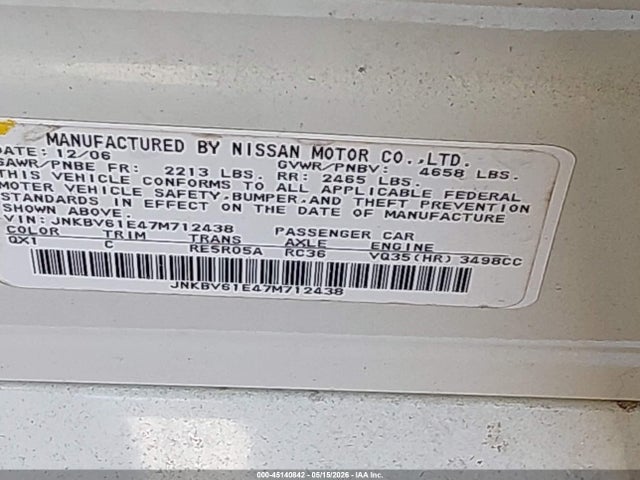 Продаж на аукціоні авто 2007 Infiniti G35 Journey, vin: JNKBV61E47M712438, номер лоту: 45140842