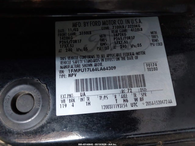 Продаж на аукціоні авто 2004 Ford Expedition Eddie Bauer, vin: 1FMPU17L64LA64309, номер лоту: 45140845