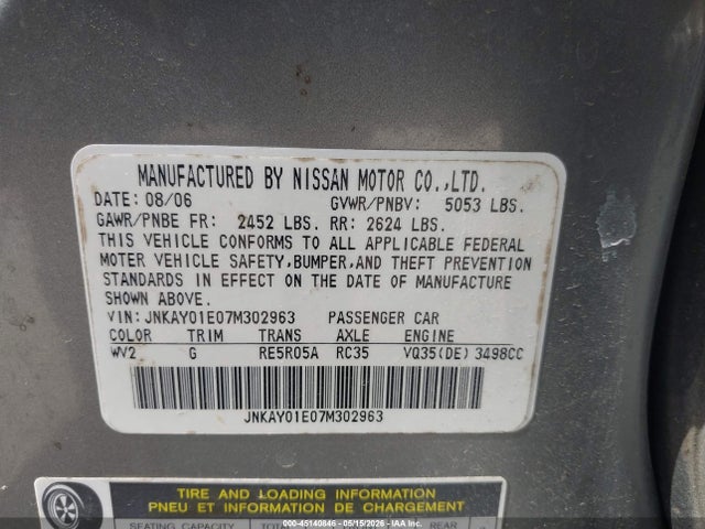 Aukcja sprzedaży 2007 Infiniti M35, vin: JNKAY01E07M302963, numer aukcji: 45140846