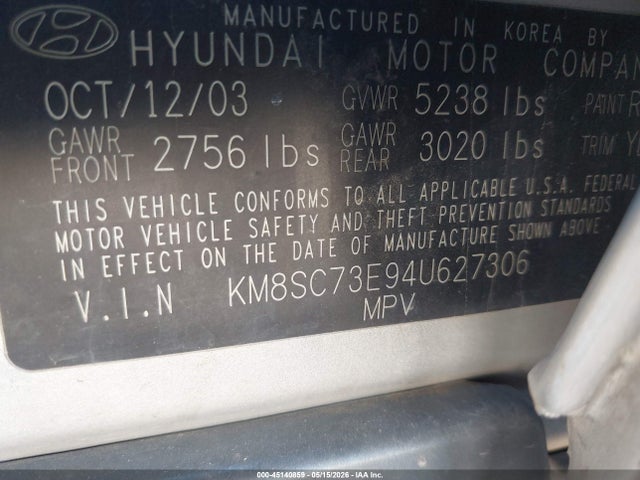 Aukcja sprzedaży 2004 Hyundai Santa Fe Gls/lx, vin: KM8SC73E94U627306, numer aukcji: 45140859