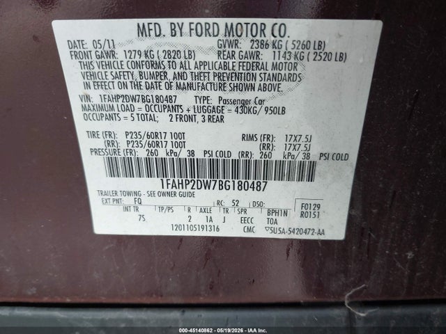 Aukcja sprzedaży 2011 Ford Taurus Se, vin: 1FAHP2DW7BG180487, numer aukcji: 45140862