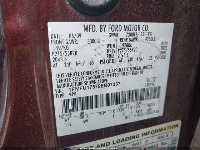 Продажа на аукционе авто 2009 Ford Expedition Eddie Bauer/king Ranch, vin: 1FMFU17579EB07337, номер лота: 45140868
