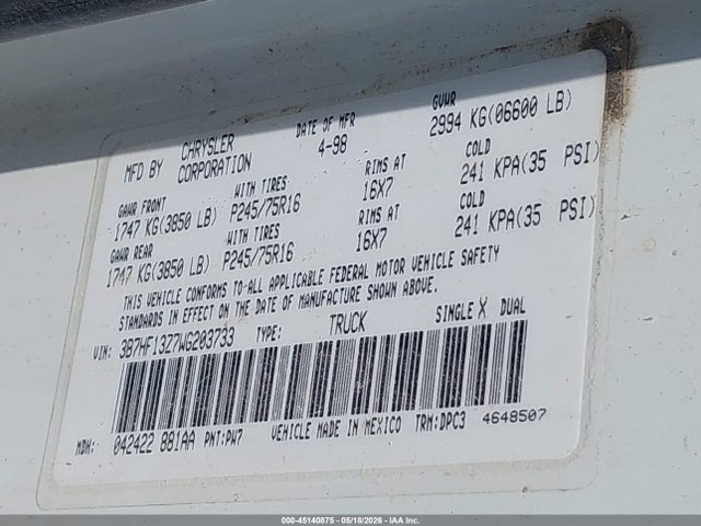 45140875 :رقم المزاد ، 3B7HF13Z7WG203733 vin ، 1998 Dodge Ram 1500 St مزاد بيع