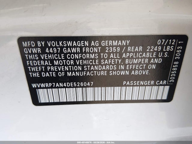45140876 :رقم المزاد ، WVWRP7AN4DE526047 vin ، 2013 Volkswagen Cc 2.0t Lux مزاد بيع