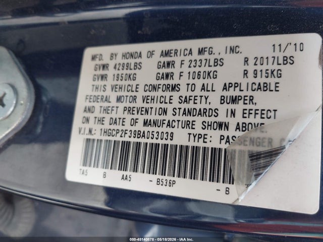 Aukcja sprzedaży 2011 Honda Accord 2.4 Lx, vin: 1HGCP2F39BA053039, numer aukcji: 45140878