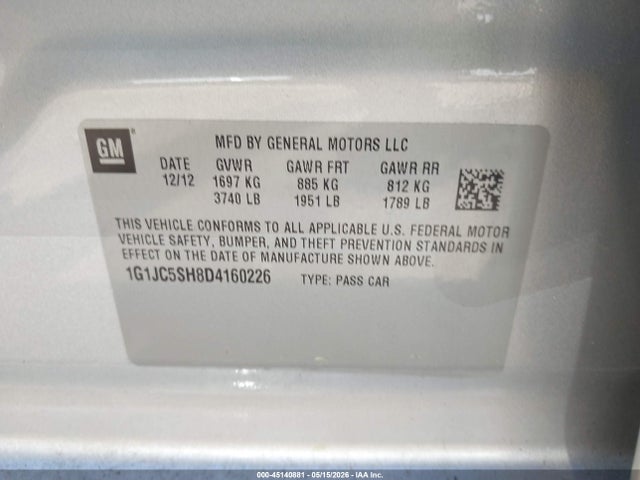 Auction sale of the 2013 Chevrolet Sonic Lt Auto, vin: 1G1JC5SH8D4160226, lot number: 45140881