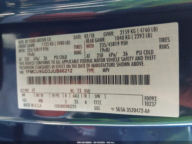 Ford ESCAPE SE 2018 1FMCU9GD3JUB66212 Image 9