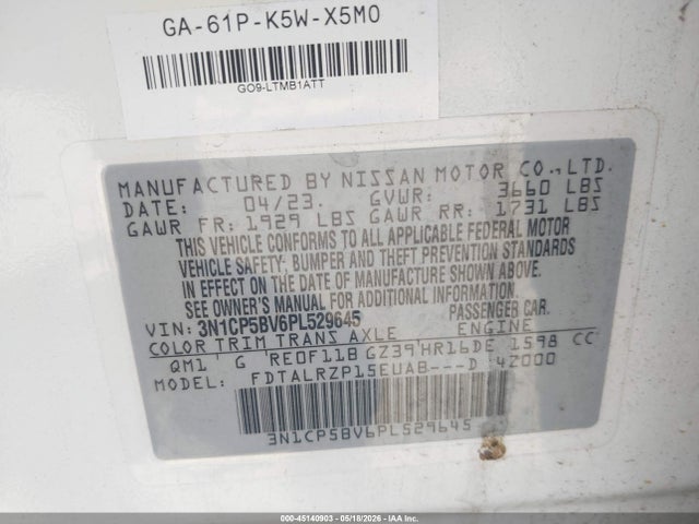 Aukcja sprzedaży 2023 Nissan Kicks S Xtronic Cvt, vin: 3N1CP5BV6PL529645, numer aukcji: 45140903