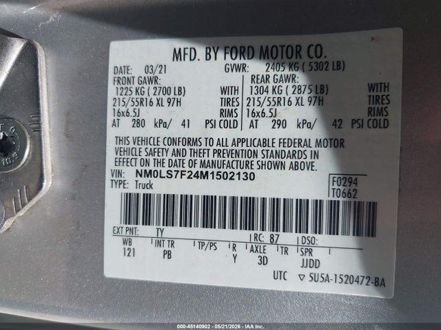 45140902 :رقم المزاد ، NM0LS7F24M1502130 vin ، 2021 Ford Transit Connect Xlt مزاد بيع
