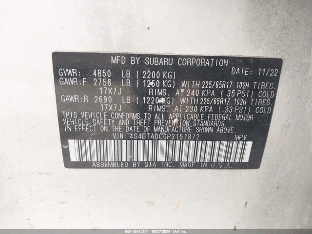 Продаж на аукціоні авто 2023 Subaru Outback Premium, vin: 4S4BTADC0P3151872, номер лоту: 45140901
