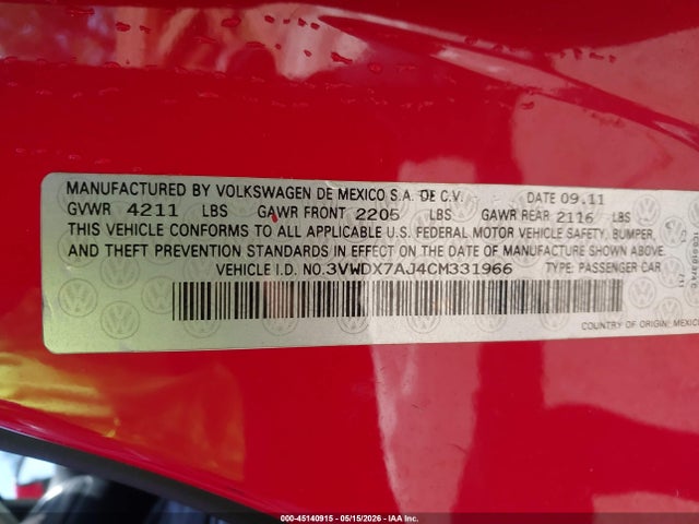 Aukcja sprzedaży 2012 Volkswagen Jetta 2.5l Se, vin: 3VWDX7AJ4CM331966, numer aukcji: 45140915