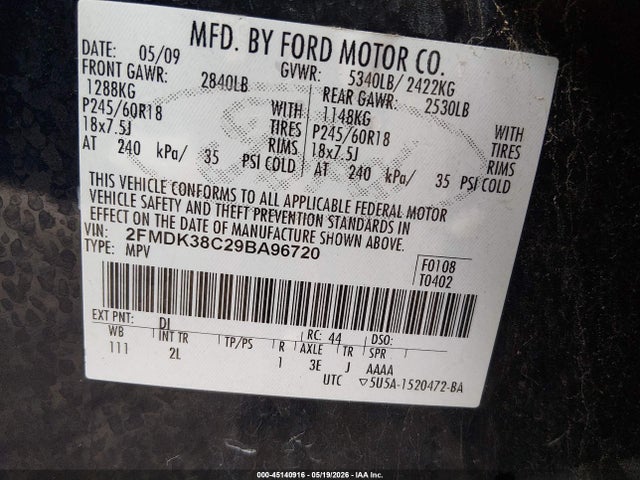 45140916 :رقم المزاد ، 2FMDK38C29BA96720 vin ، 2009 Ford Edge Sel مزاد بيع