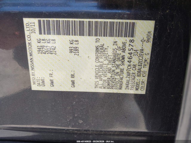 2012 Nissan Altima 2.5 S მანქანა იყიდება აუქციონზე, vin: 1N4AL2AP7CN464578, აუქციონის ნომერი: 45140920