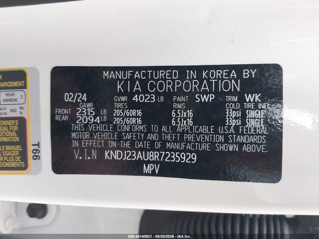 Aukcja sprzedaży 2024 Kia Soul Lx, vin: KNDJ23AU8R7235929, numer aukcji: 45140921